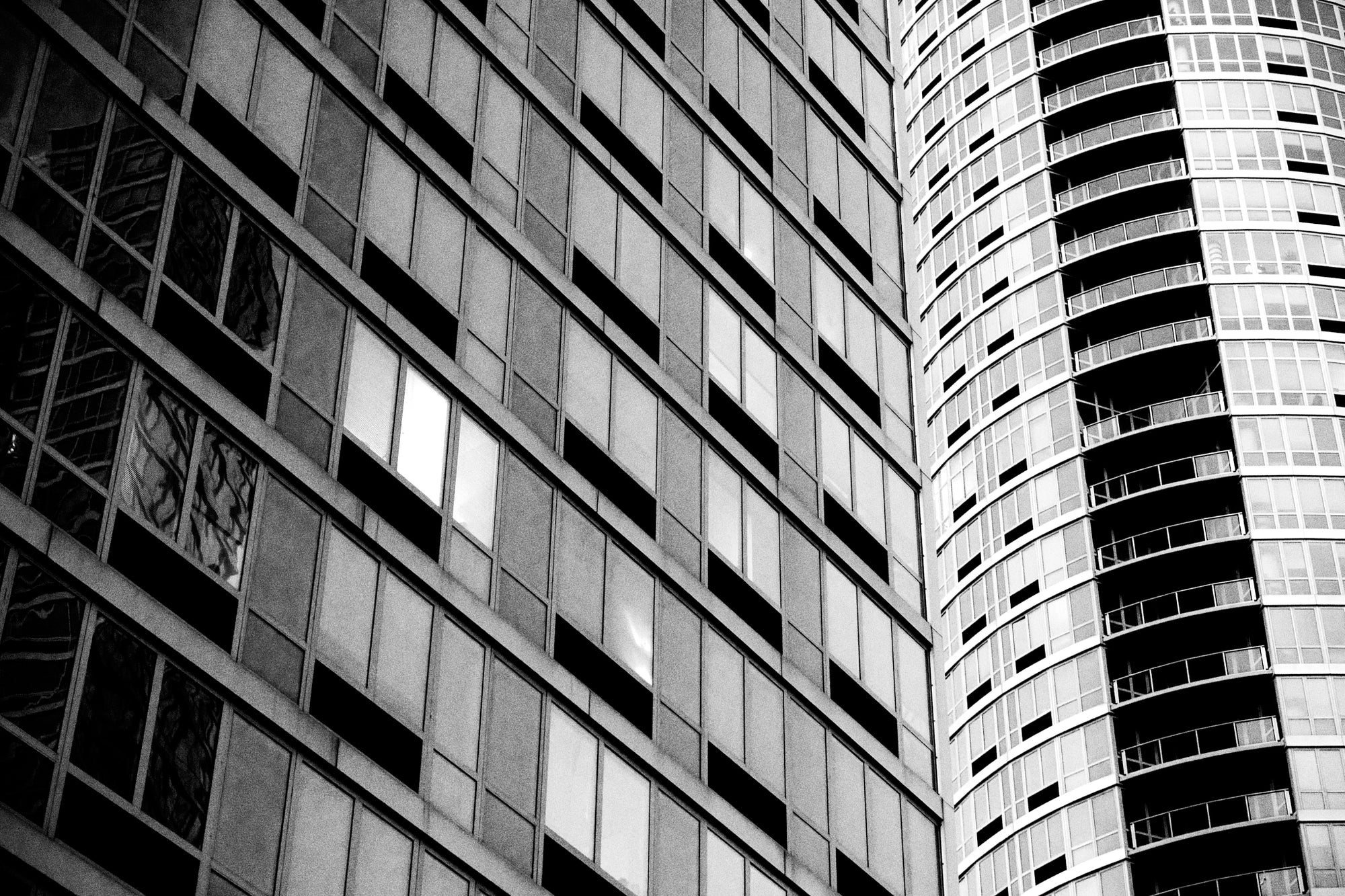 Black and white architectural photograph of modern buildings