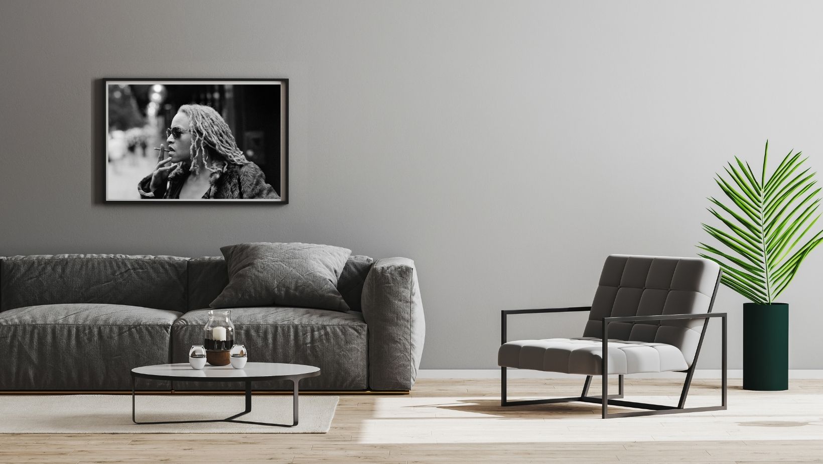 Modern living room with a framed portrait of jazz singer Cassandra Wilson on the wall.
