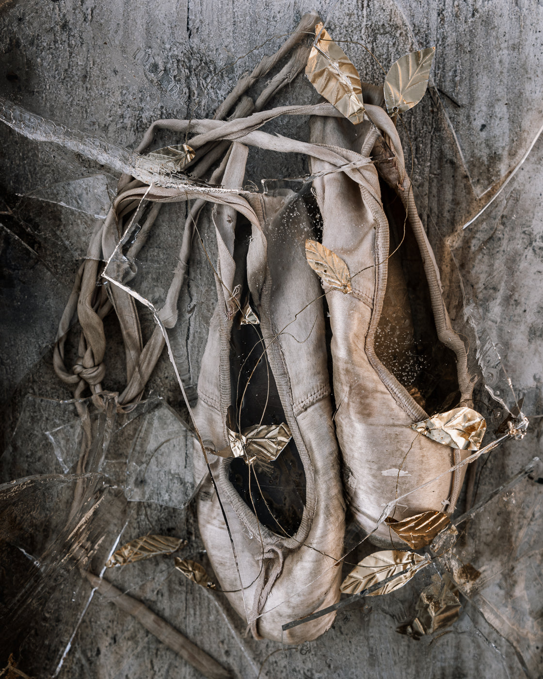 Pair of worn ballet shoes with gold accents on a textured surface