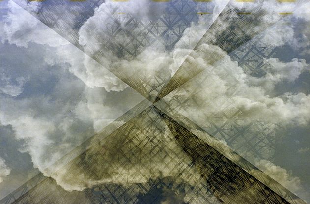 Abstract art with geometric shapes and cloud-like textures of reflections on the Louvre glass pyramid