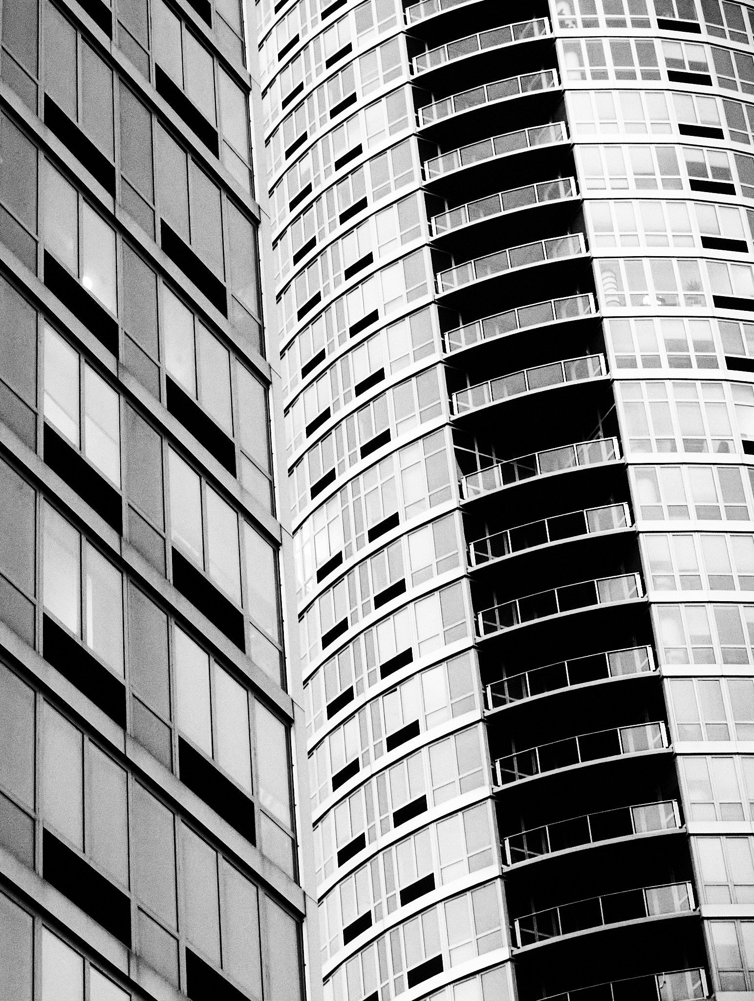 Black and white architectural photograph of a modern building