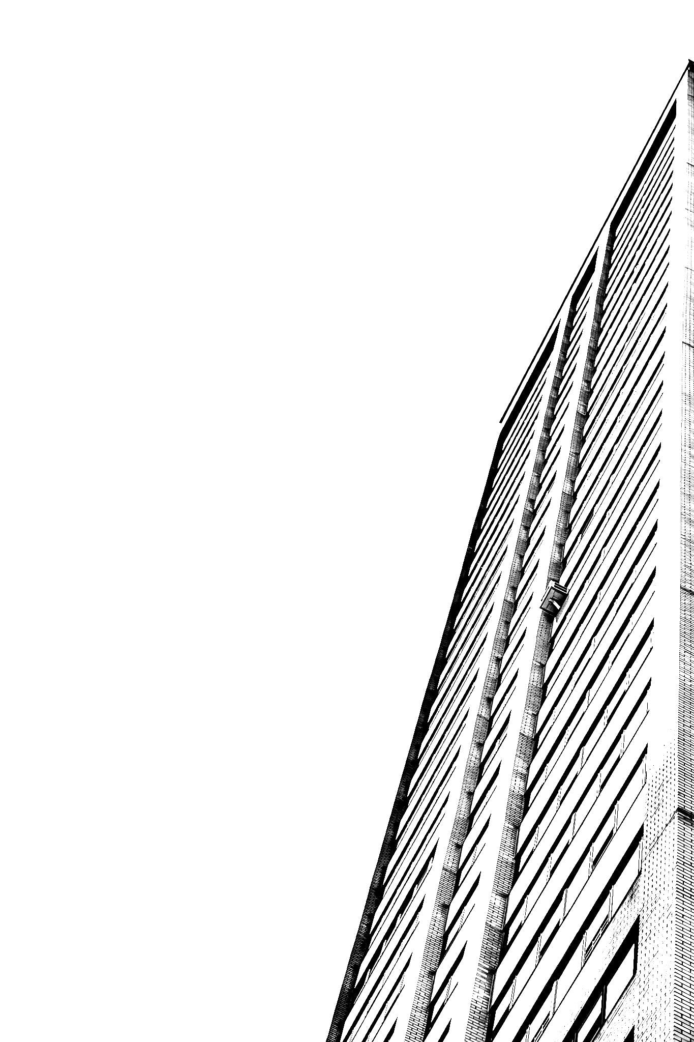 Black and white architectural photo of a building with vertical lines