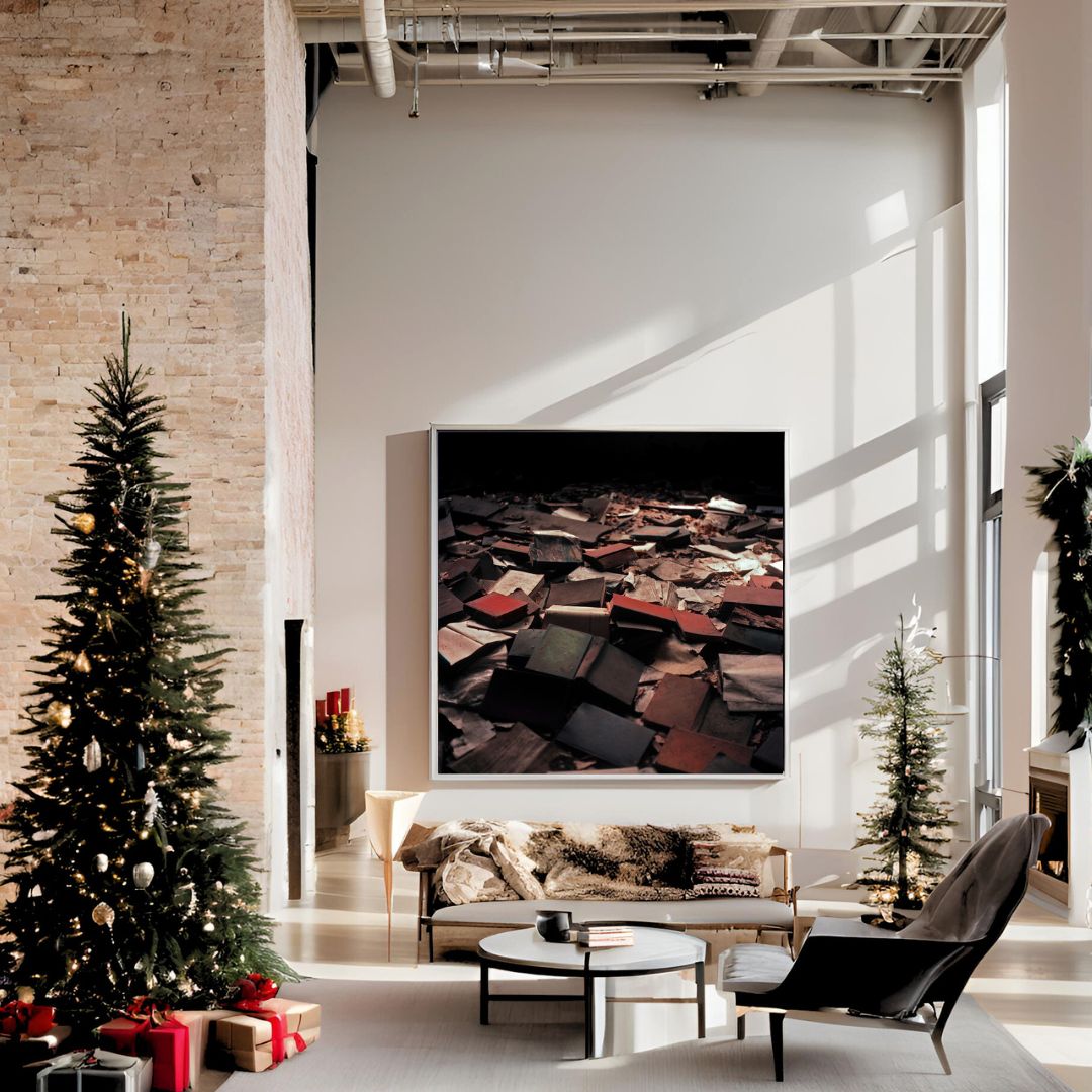Modern living room with Christmas tree, sofa, and art on the wall.