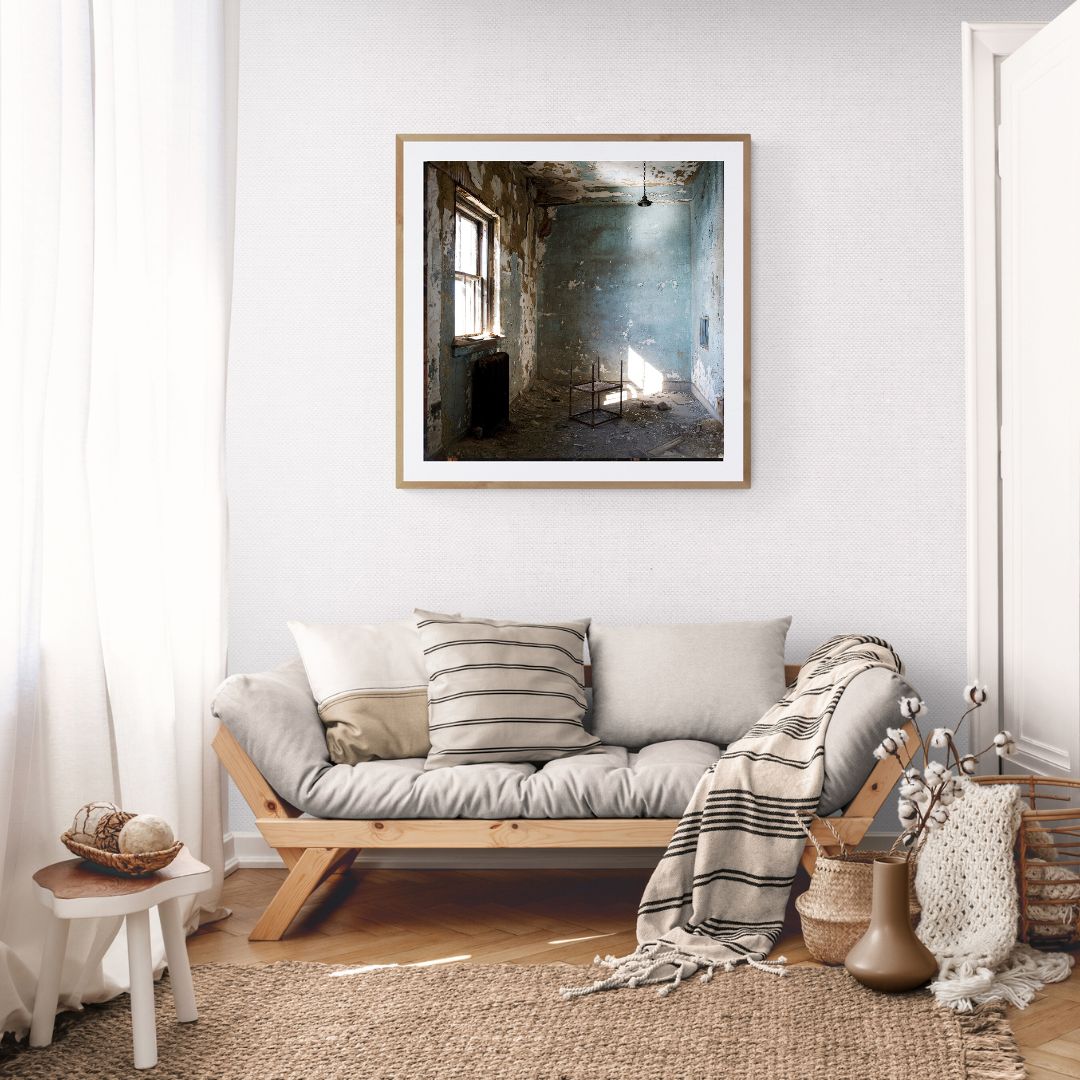 Living room with a sofa, cushions, and a framed picture on the wall.