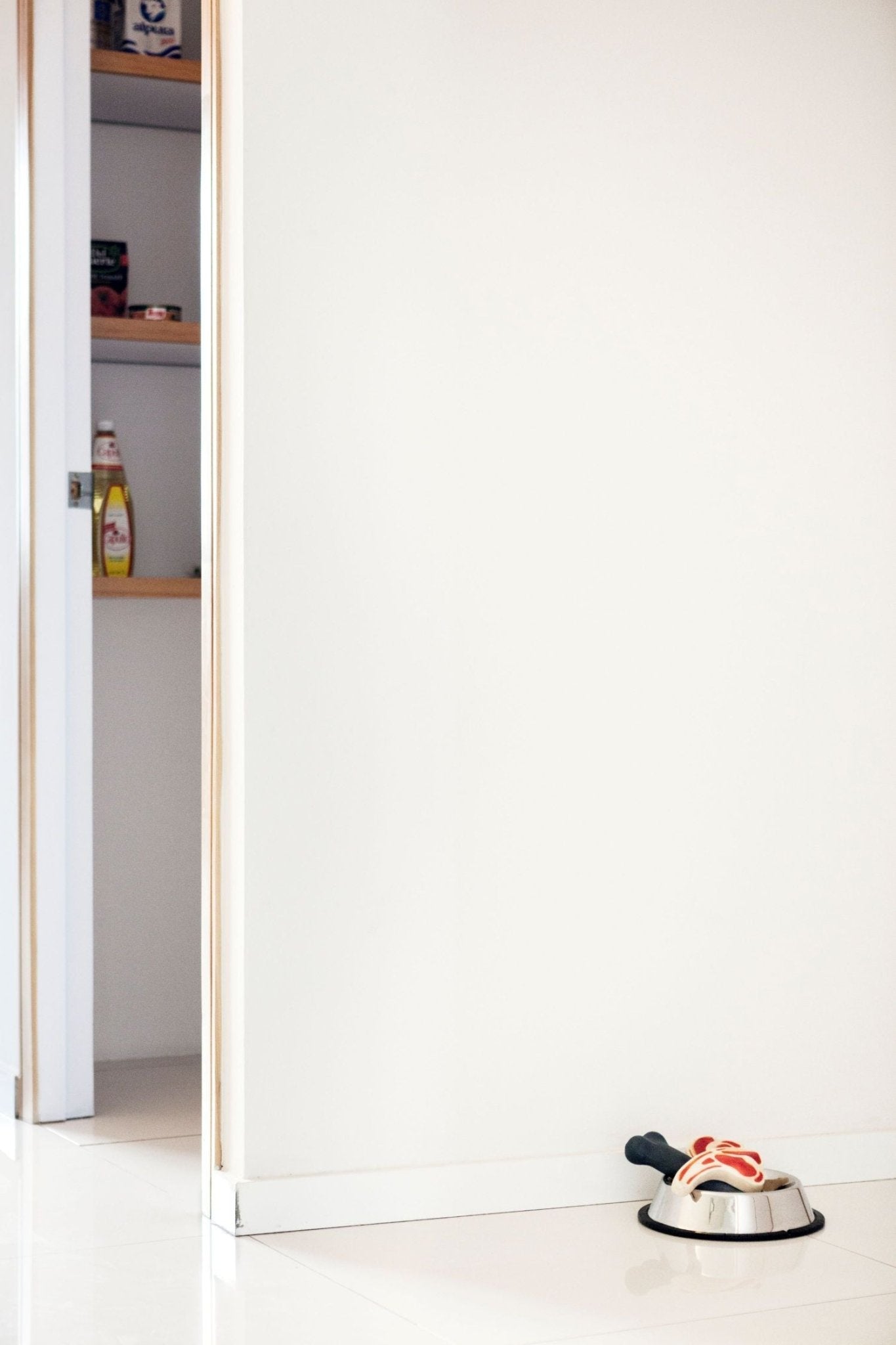 Limited Edition Print of a staged pantry with a bowl filled with fake plastic dog food on the floor.