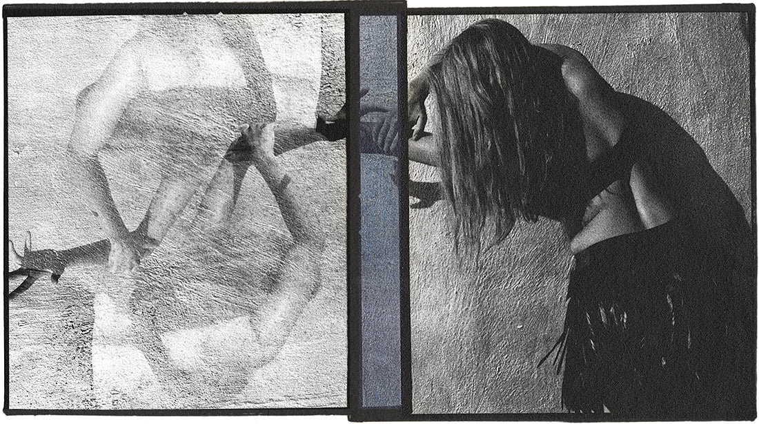 Black and white abstract art with geometric shapes and patterns and a female dancer