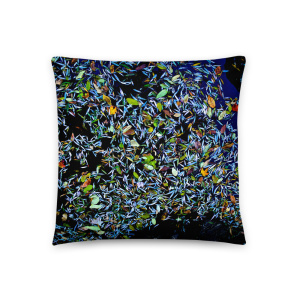 Square pillow with a photograph of a pond covered with flower petals