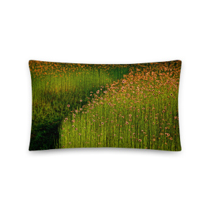 Rectangular pillow with a photograph of a field of orange flowers