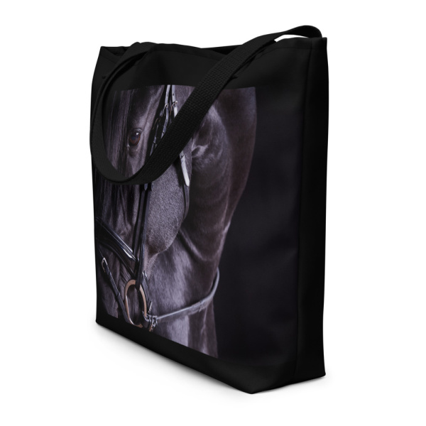 Sideview of a Large black tote bag with the portrait of a black horse on one side