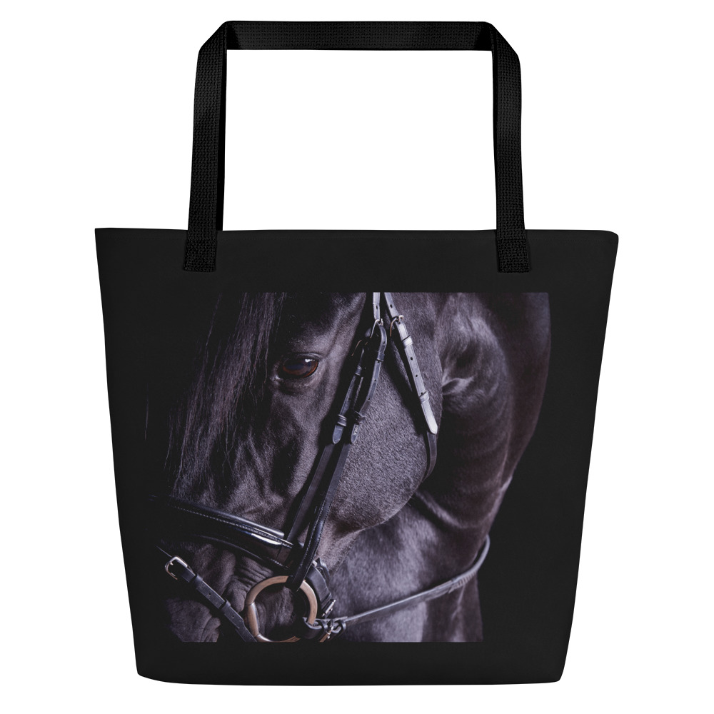 Large black tote bag with the portrait of a black horse on one side