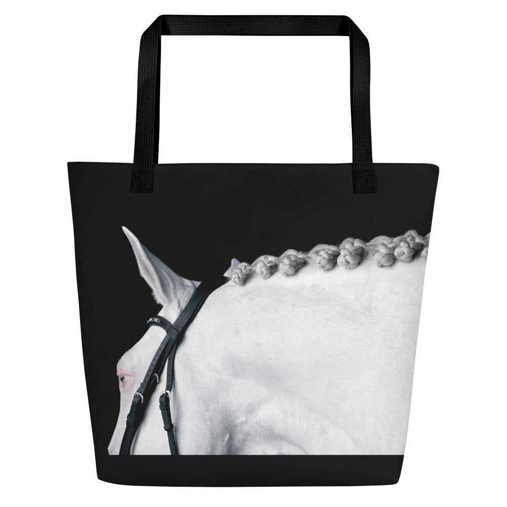 Large black tote bag with the profile of a white horse on one side