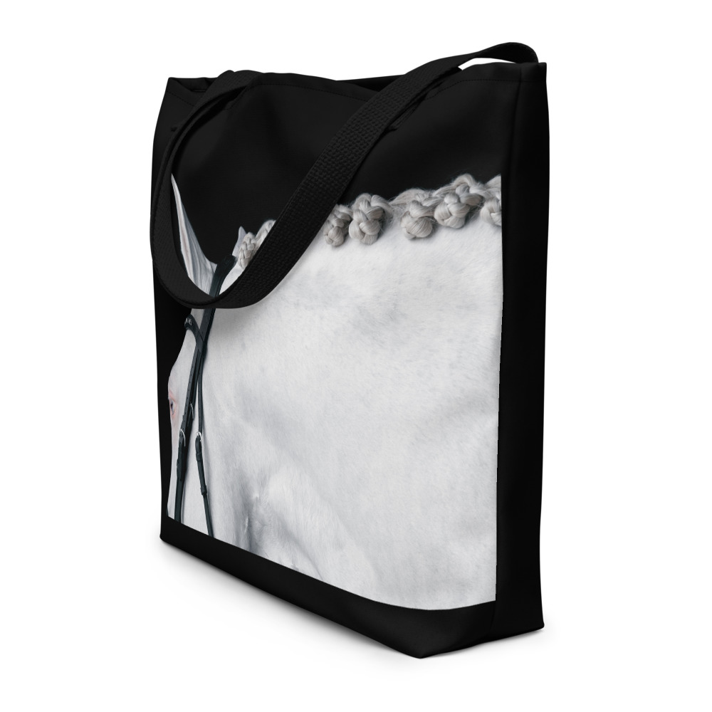 Sideview of a Large black tote bag with the profile of a white horse on one side