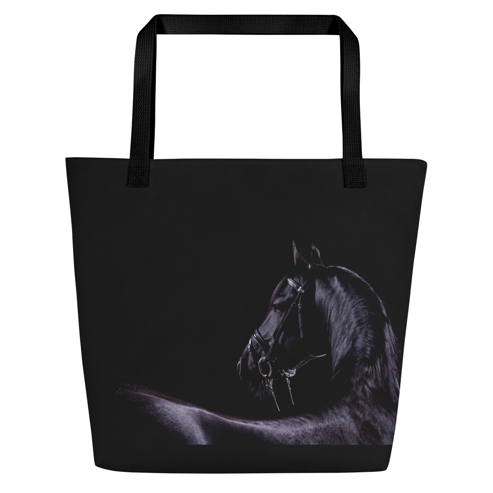 Large black tote bag with the photograph of a black horse on one side