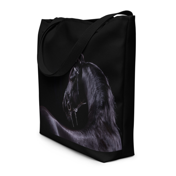 Sideview of a Large black tote bag with the photograph of a black horse on one side