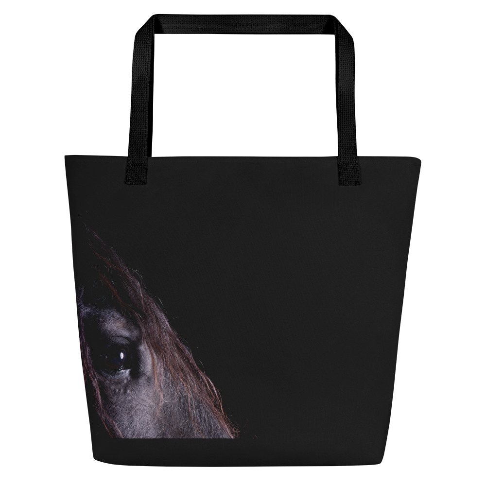 Large black tote bag with the profile of a black horse on one side