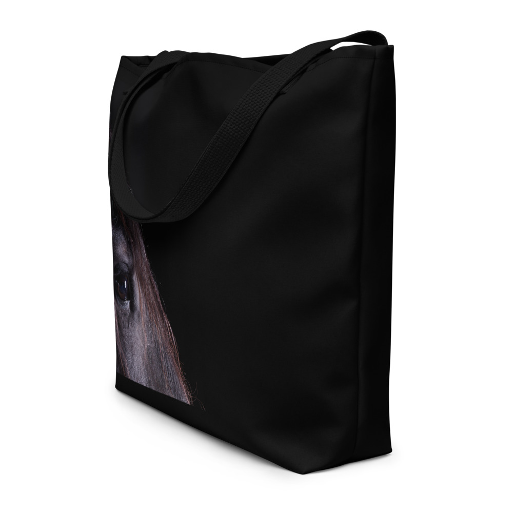 Sideview of a Large black tote bag with the profile of a black horse on one side