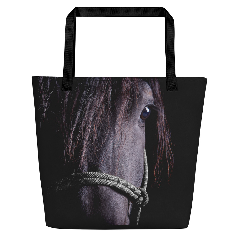 Large black tote bag with a portrait of a black horse on one side