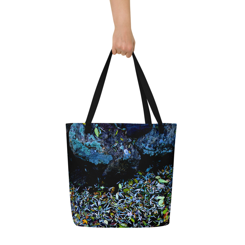 All over print large tote bag with the image of a Pond covered with fallen flower petals