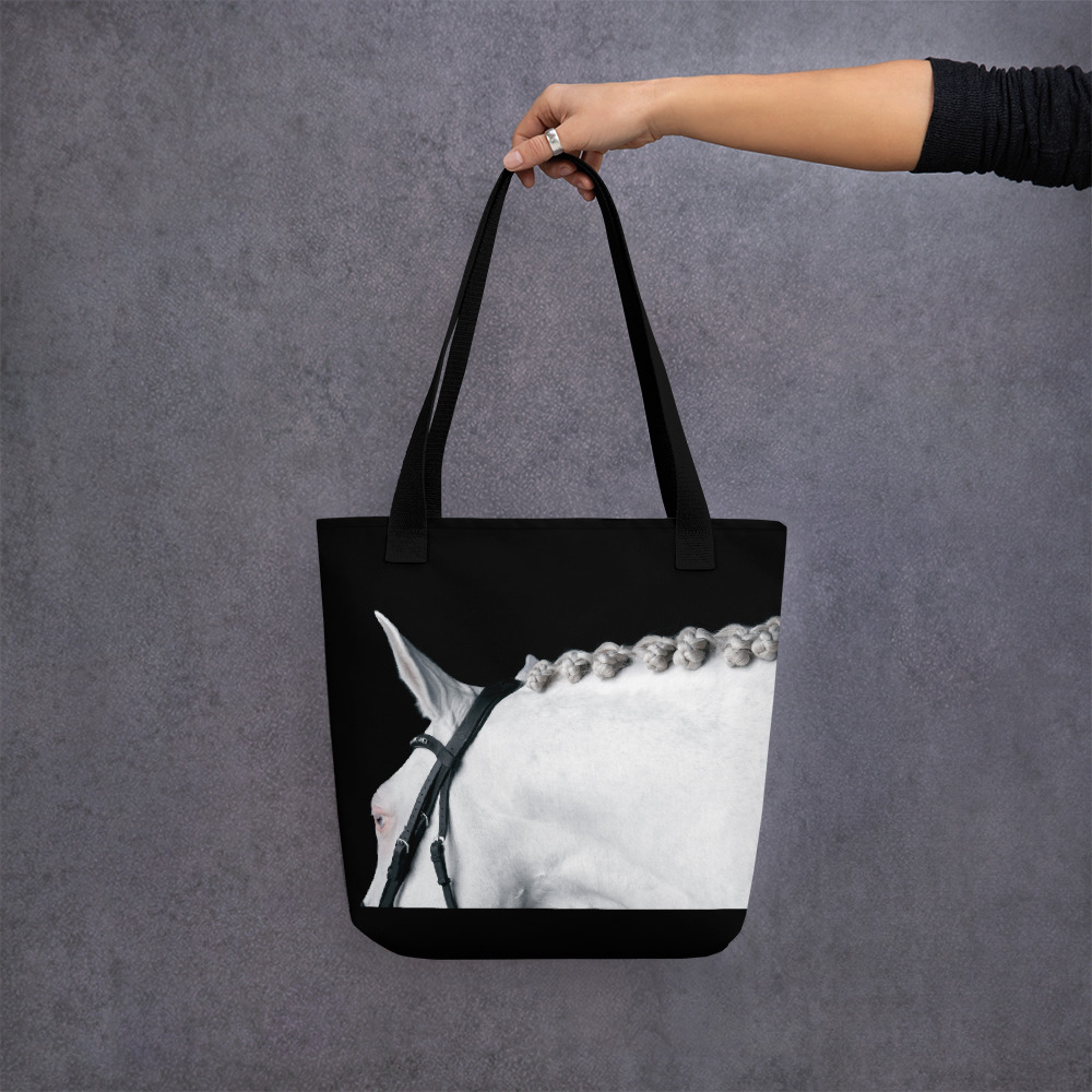 Black tote bag with the portrait of a white horse
