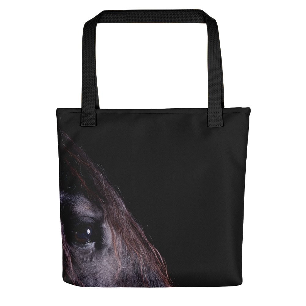 Medium-sized black tote bag with a profile of a black horse on one side
