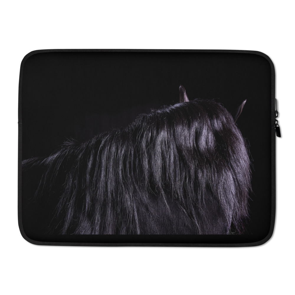 Laptop case with a picture of the neck and hair of a black horse