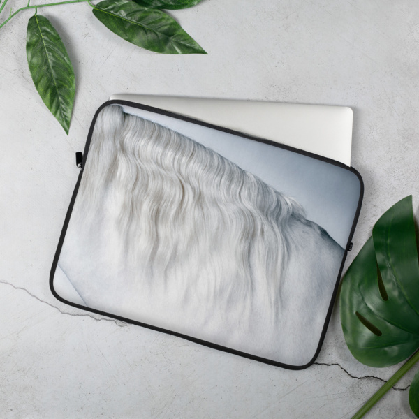 Laptop case with a close up of the neck and hair of a white horse