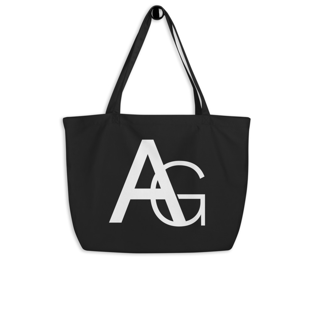 Large black tote bag with AG initials on front side