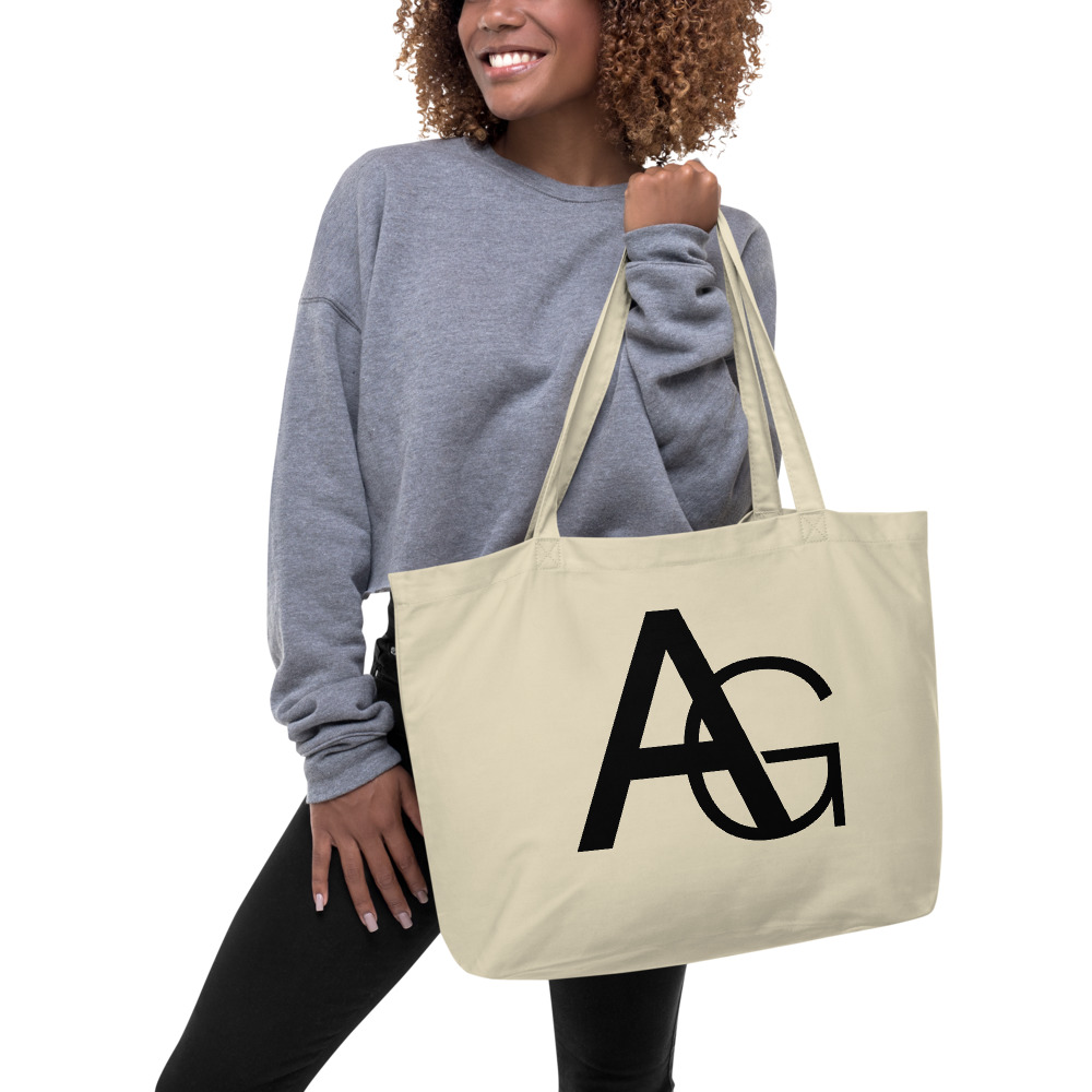 Large beige tote bag with AG initials on front side