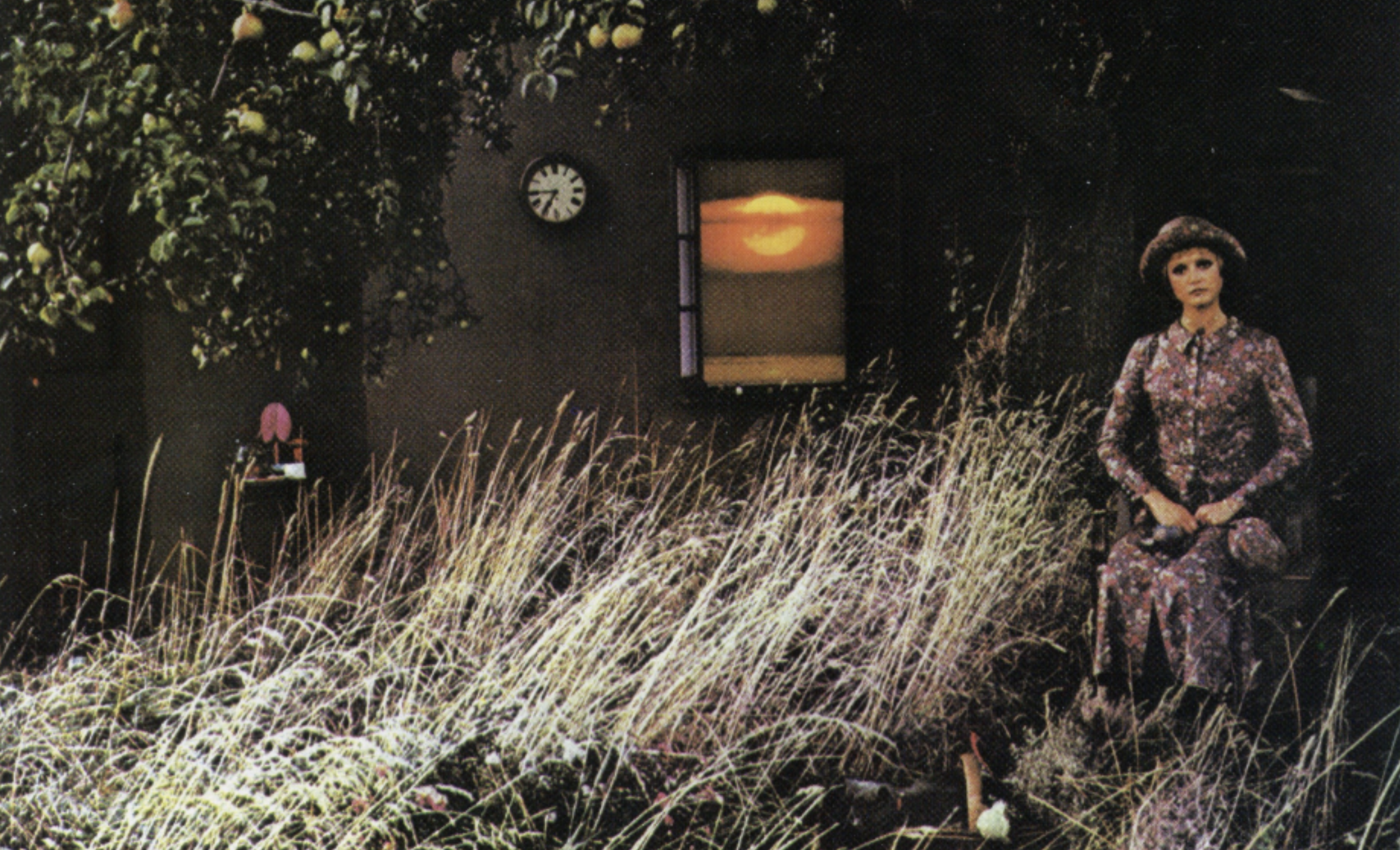 Surreal photograph of a woman sitting on a chair with tall wild grass around here