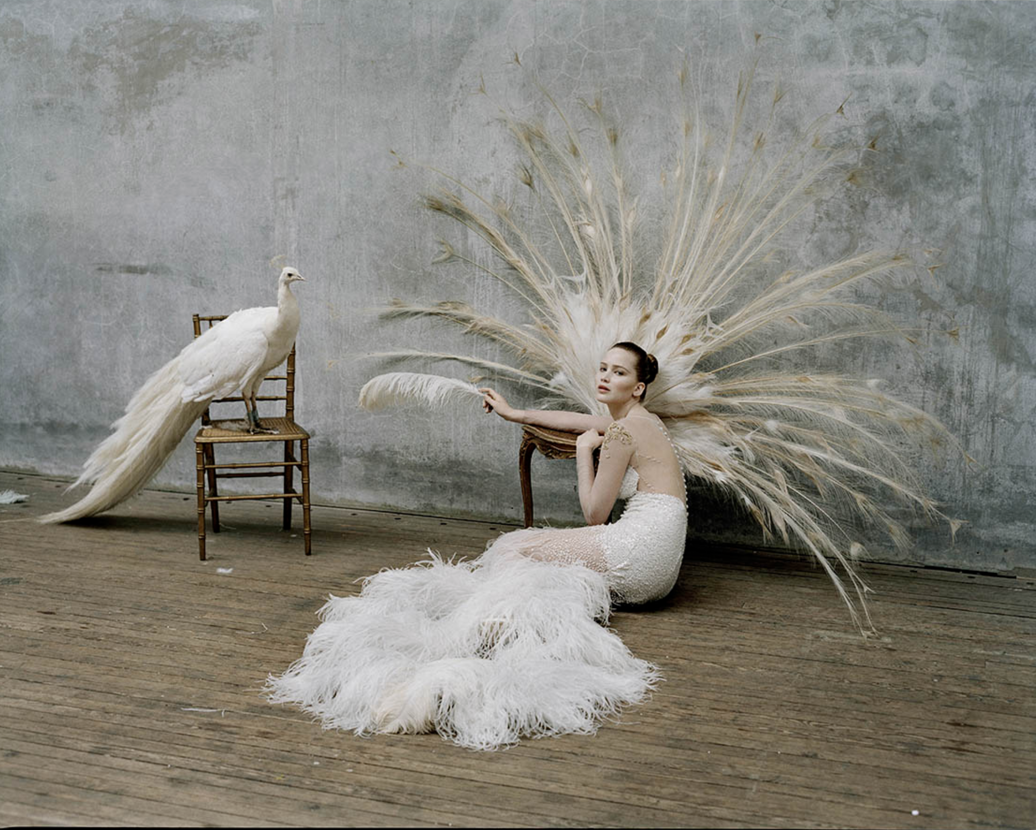 Woman sitting on the floor dressed in a white ballgown, next to a white peacock