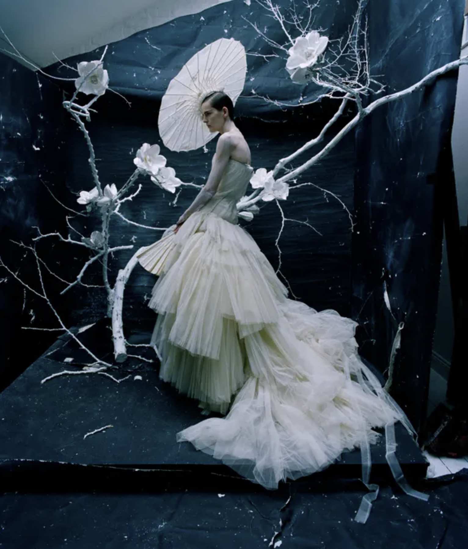 Supermodel Stella Tenant in a long ballgown and large hat against a dark backdrop and surrounded by flowers