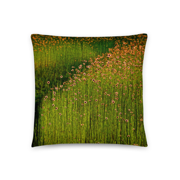 Square throw pillow with the picture of a Field of tall flowers