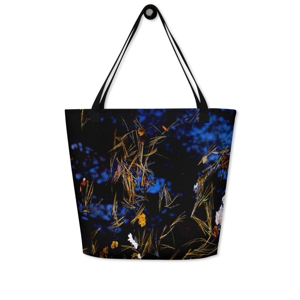 All over print large tote bag with the image of a Pond covered with fallen flower petals (black tones)