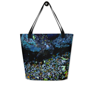Front of a large tote bag with the image of a pond covered with fallen flower petals (dark blue tones)