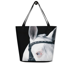 Large tote bag with a close up of the head and eye of a white horse