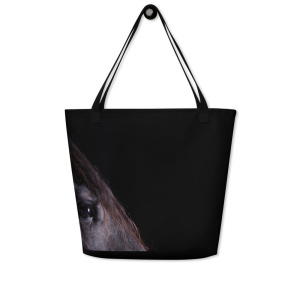 Large tote bag with the close up of a black horse's profile against a black bckground