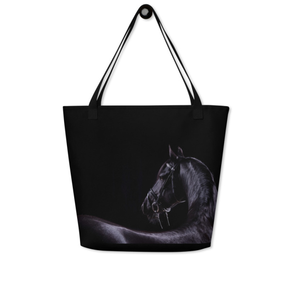Large tote with the profile of a black horse against a black background