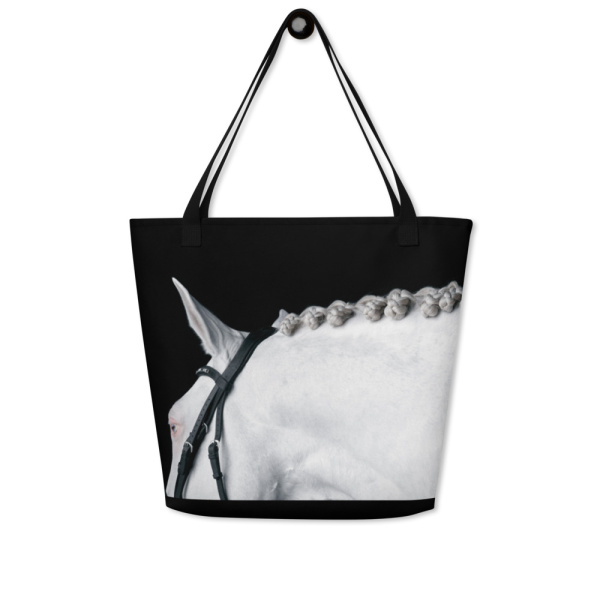 Large black tote bag with the portrait of a white horse on one side
