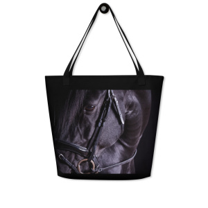 Large black tote bag with the portrait of a black horse on one side