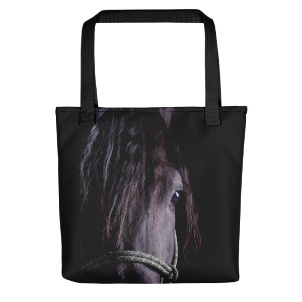 Medium-sized black tote bag with a portrait of a black horse on one side