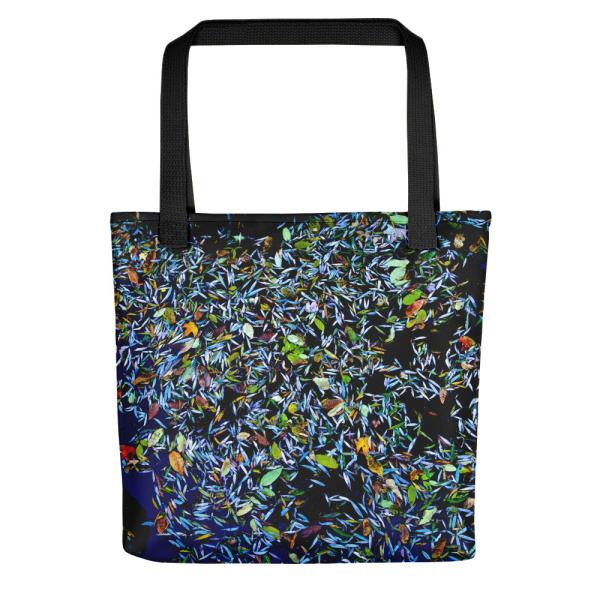 All over print tote bag with an image of a pond covered by fallen petals