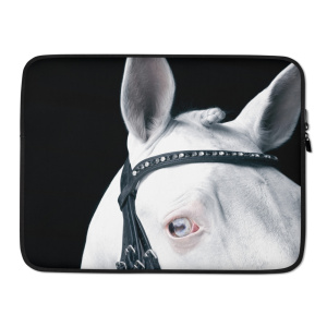 Laptop case with a close up of the head and eye of a white horse