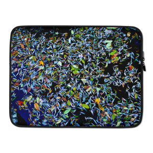 Laptop case with the photograph of a pond covered in flower petals (blue tones)
