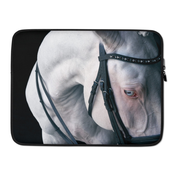 Laptop case with close up of a white horse against a black background