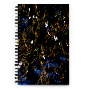 Spiral notebook with a photo of a pond covered with flower petals on its cover