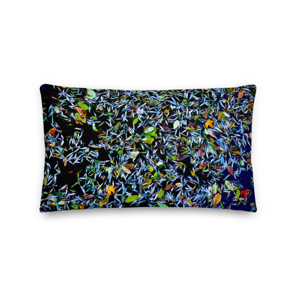 Rectangular throw pillow with a Pond covered with fallen flower petals