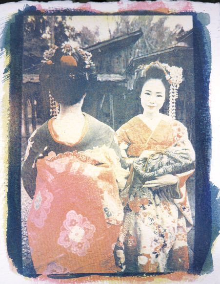 Framed fine art gum print of two Japanese Geishas in traditional kimonos