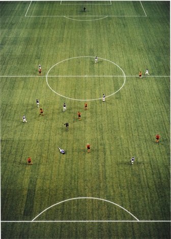 A soccer field seen from high above during a game