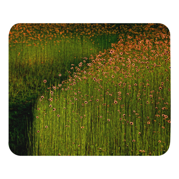 Mouse pad with a photograph of a field of tall flowers