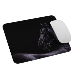 Mouse pad with a photograph of a black horse standing against a black backdrop